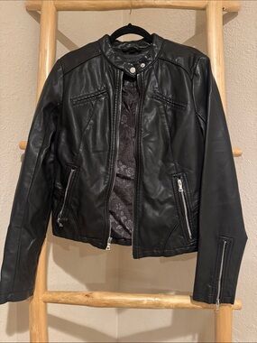 GUESS Black Faux Leather Moto Jacket with Zip Details